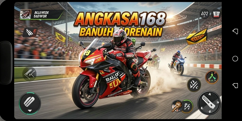 Screenshot gameplay ANGKASA168 menampilkan aksi balap motor yang seru.