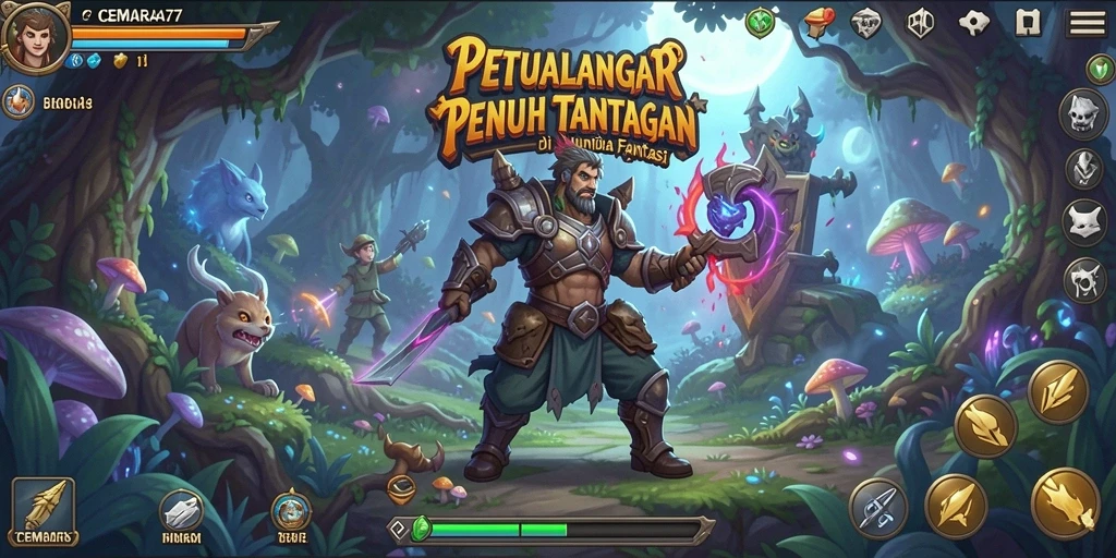 Screenshot CEMARA77 menampilkan pemain menjelajahi hutan fantasi yang menakjubkan.