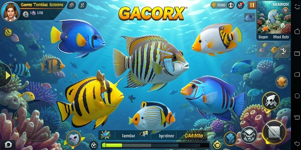 Screenshot utama GACORX menunjukkan aksi seru menangkap ikan.