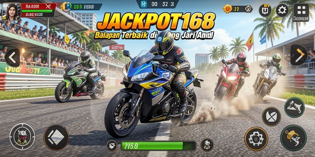 Screenshot gameplay JACKPOT168 menampilkan balapan motor yang mendebarkan.