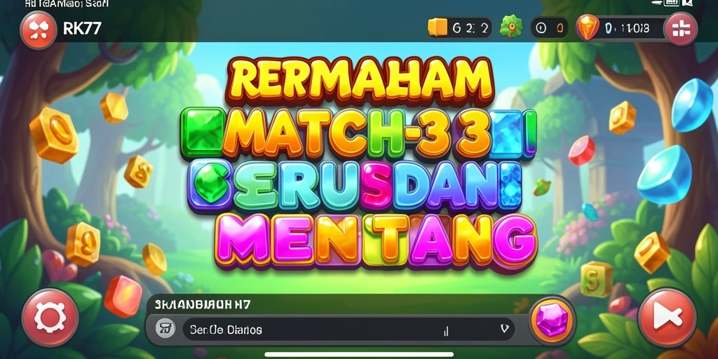 Tampilan gameplay RK77 dengan permata berwarna-warni dan tantangan Match-3.