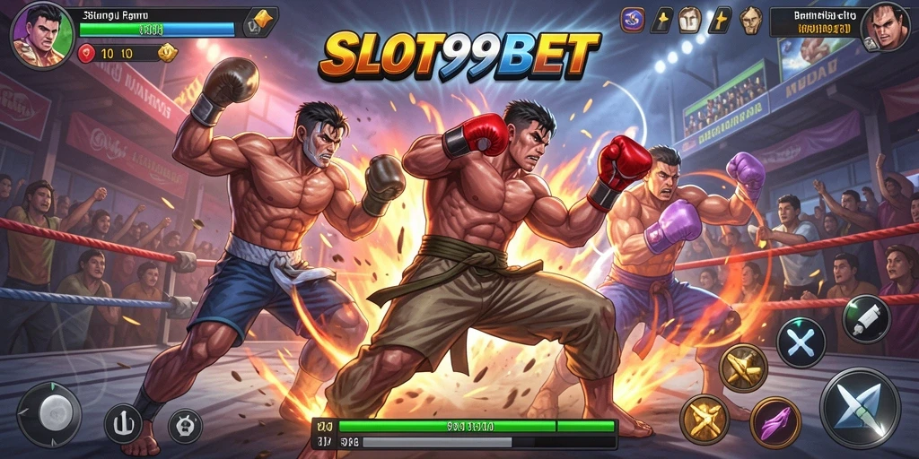 Gameplay SLOT99BET dengan pertarungan mendebarkan dan karakter unik.