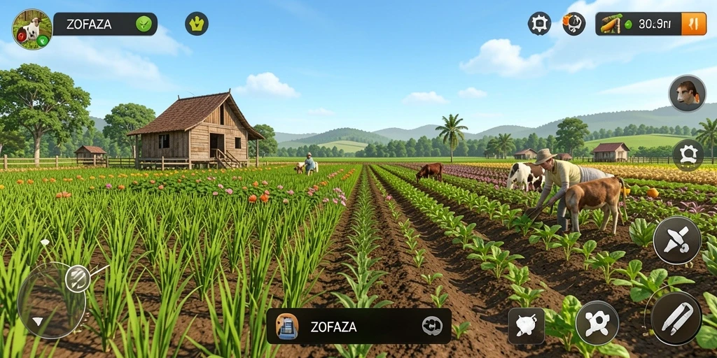 Screenshot gameplay ZOFAZA menampilkan ladang hijau yang subur.
